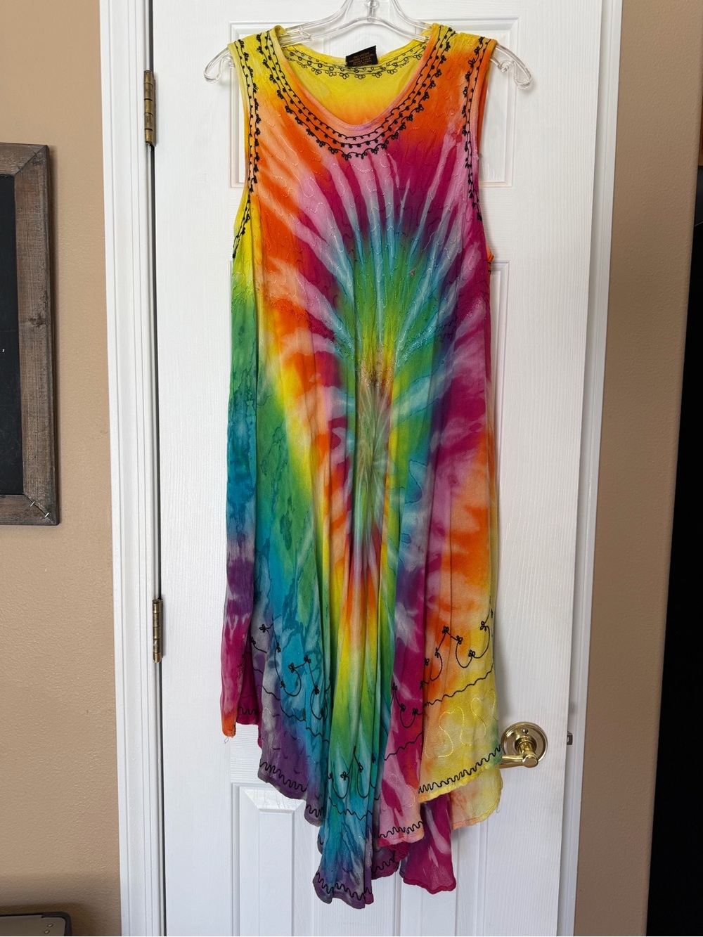 Vintage Tie-Dye Dress Asymmetrical Hem Embroidered Hippie Granola Boho Colorful